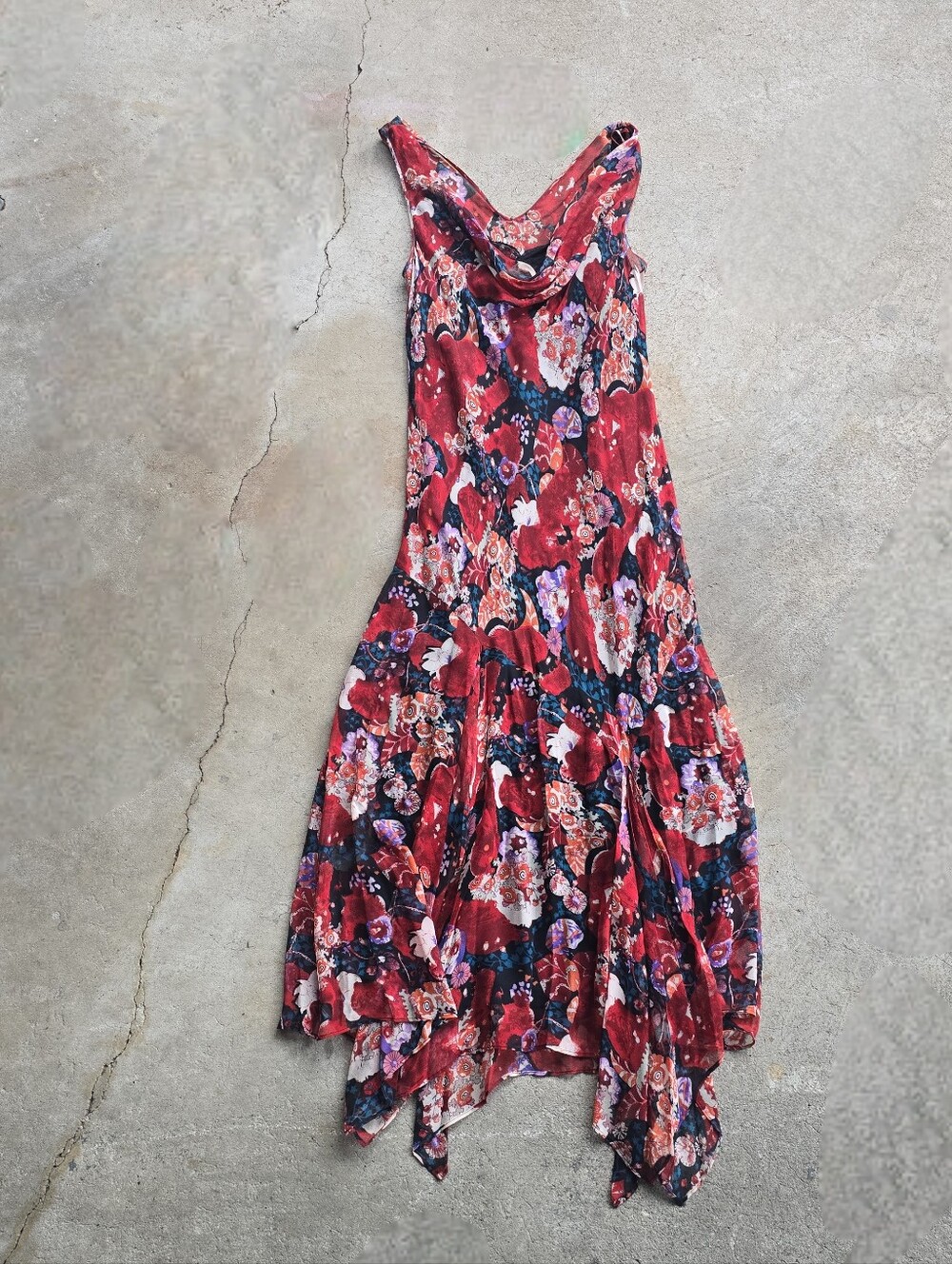 Vintage ICE 100% Silk Beaded Whimsical Fairy Dress Drape Cowl Maxi Dress 14
